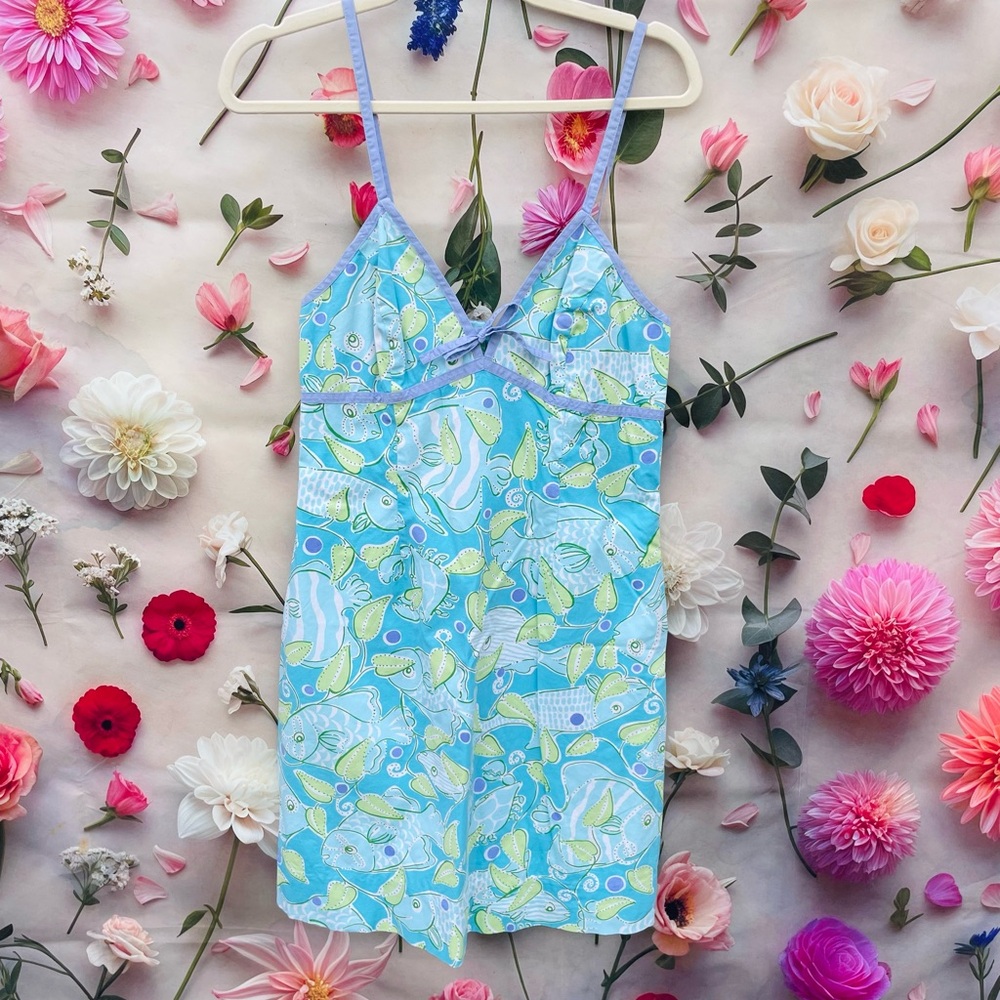 Vintage Lilly Pulitzer White Label Blue and Green Women’s Fish Print Dress